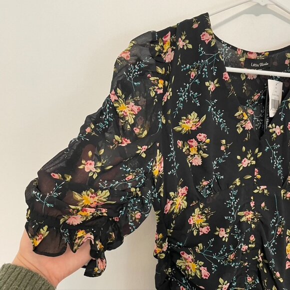 NEW NWT LEA VIOLA Shirred Floral Mini Dress Black Pink Multi Ruched Bodycon S - Picture 8 of 16